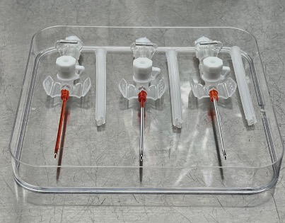 Prototype catheter samples arranged in a laboratory tray